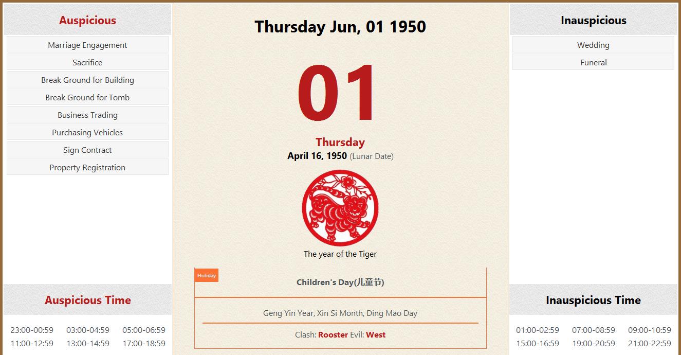 June 01 1950 Almanac Calendar: Auspicious/Inauspicious Events and Time
