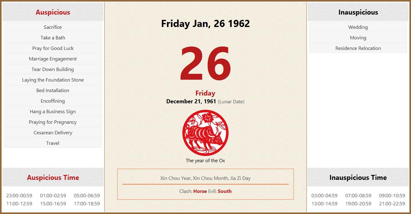 January 26 1962 Almanac Calendar: Auspicious/Inauspicious Events and