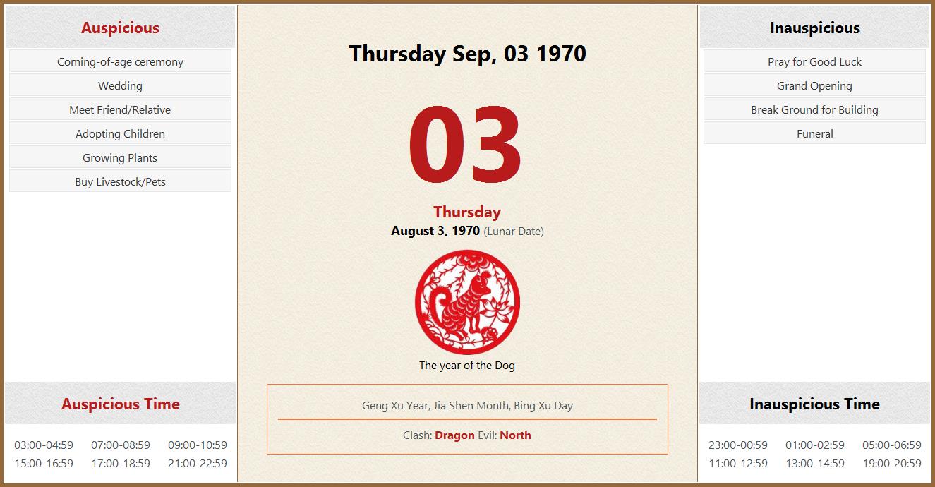 September 03 1970 Almanac Calendar: Auspicious/Inauspicious Events and