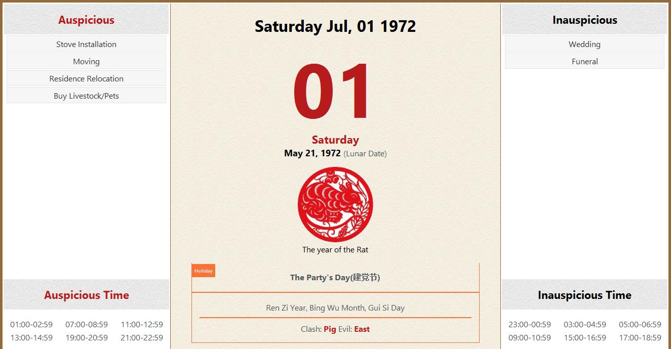 July 01 1972 Almanac Calendar: Auspicious/Inauspicious Events and Time