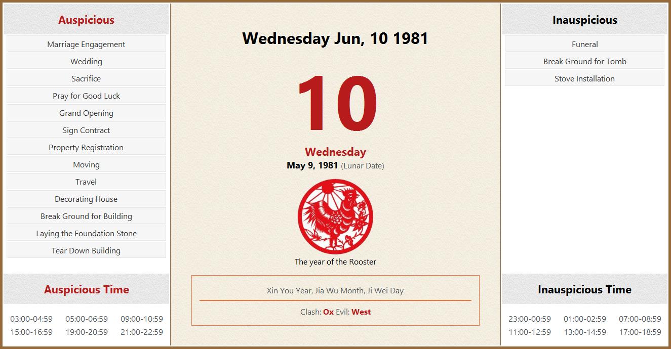June 10 1981 Almanac Calendar: Auspicious/Inauspicious Events and Time