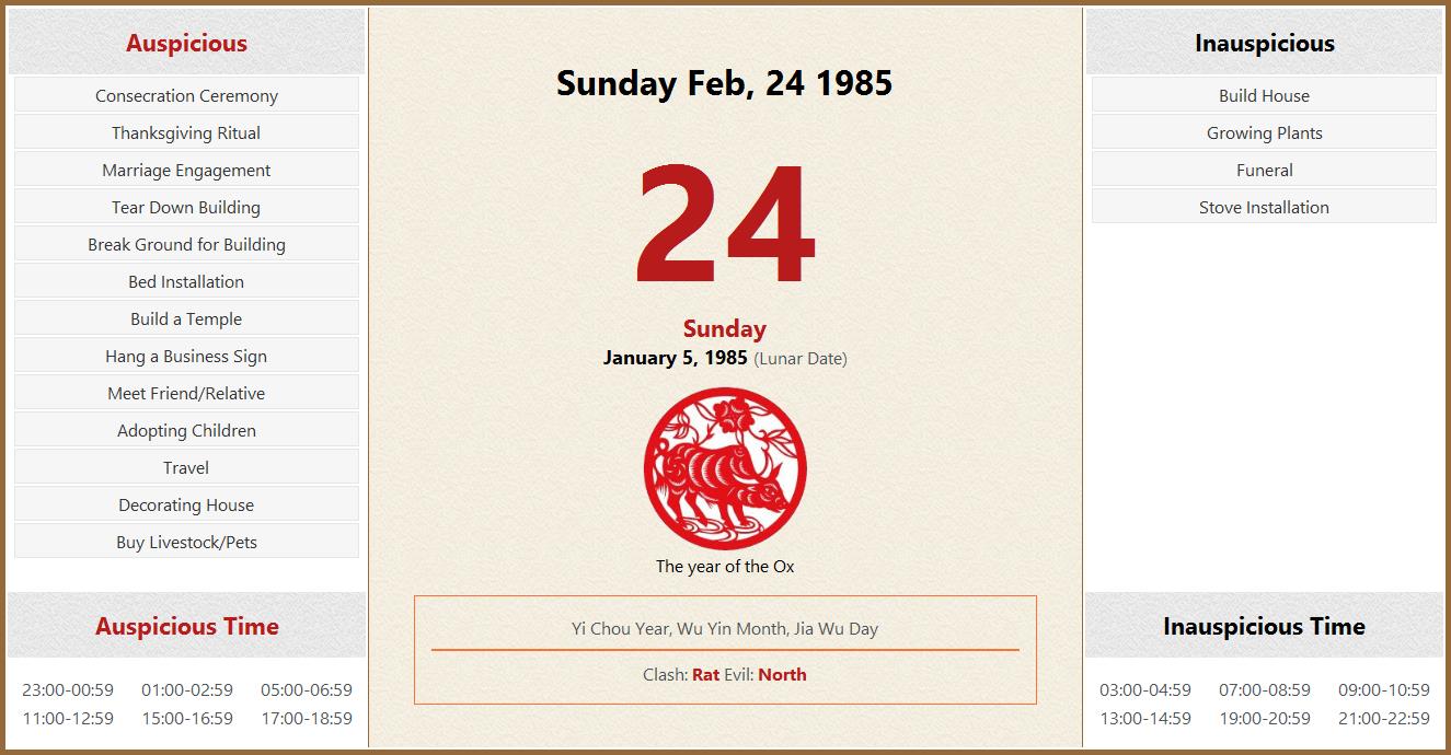 February 24 1985 Almanac Calendar: Auspicious/Inauspicious Events and