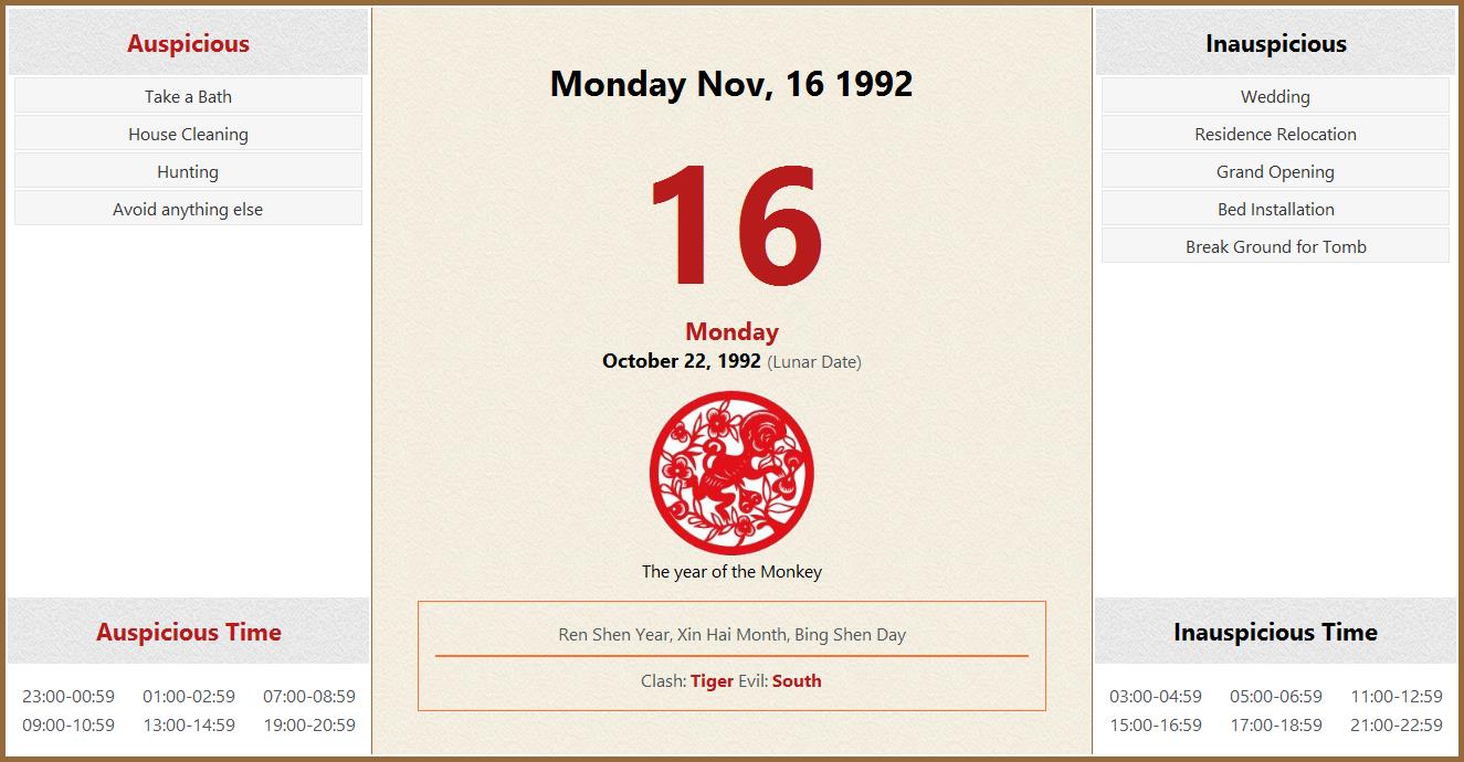November 16 1992 Almanac Calendar: Auspicious/Inauspicious Events and