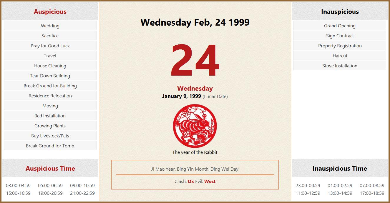 February 24 1999 Almanac Calendar: Auspicious/Inauspicious Events and