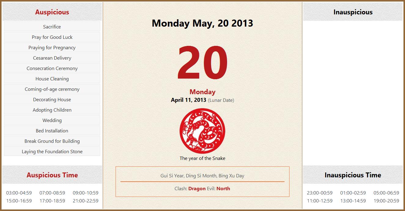 May 20, 2013 Almanac Calendar: Auspicious/Inauspicious Events and Time