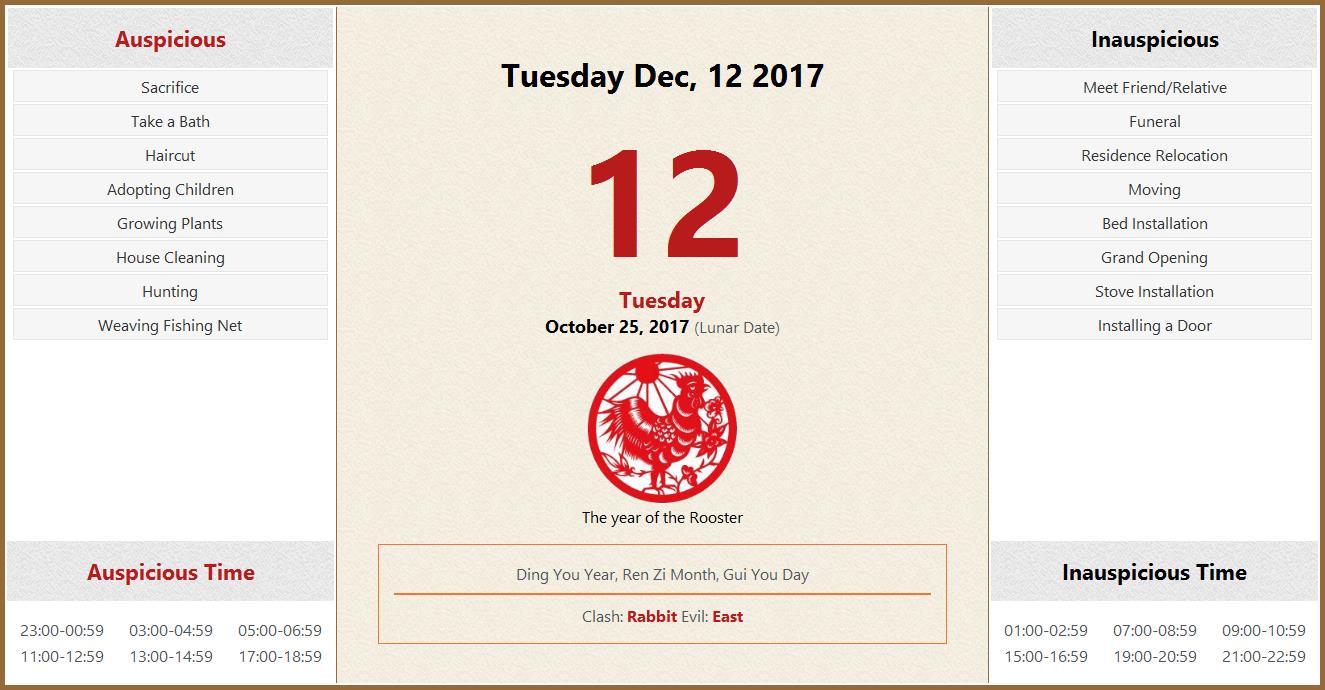 December 12 2017 Almanac Calendar: Auspicious/Inauspicious Events and