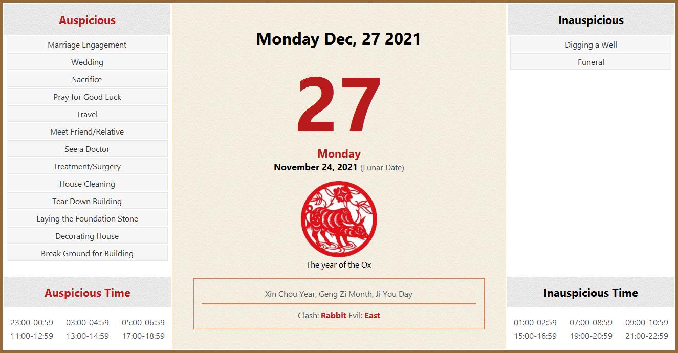 December 27, 2021 Almanac Calendar Auspicious/Inauspicious Events and