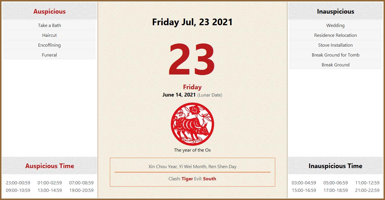 July 23 21 Almanac Calendar Auspicious Inauspicious Events And Time Zodiac Lucky Direction