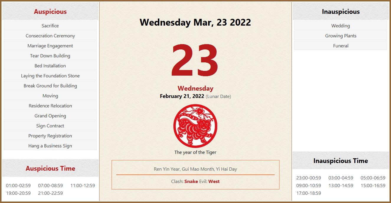 March 23, 2022 Almanac Calendar: Auspicious/Inauspicious Events and