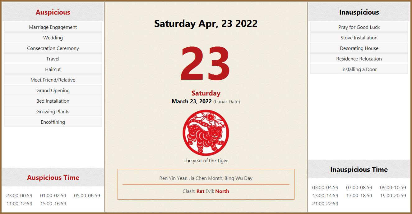 April 23, 2022 Almanac Calendar: Auspicious/Inauspicious Events And Time, Zodiac, Lucky Direction