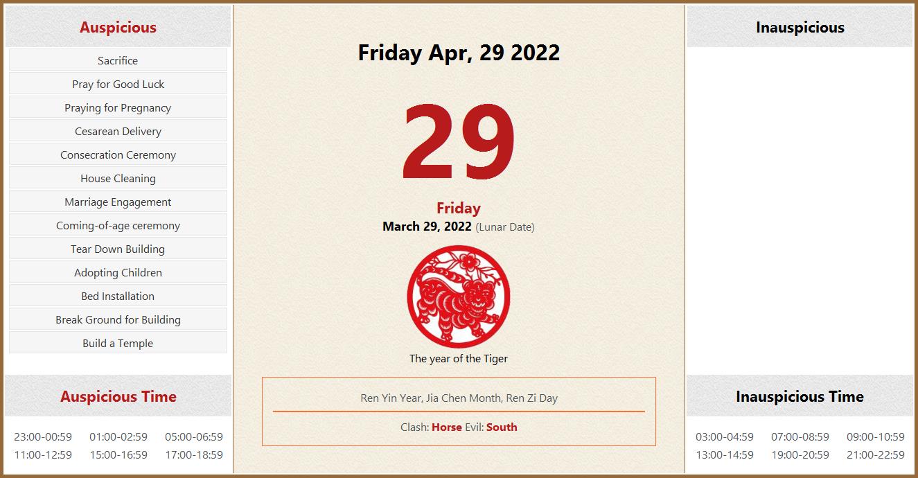 April 29, 2022 Almanac Calendar: Auspicious/Inauspicious Events and