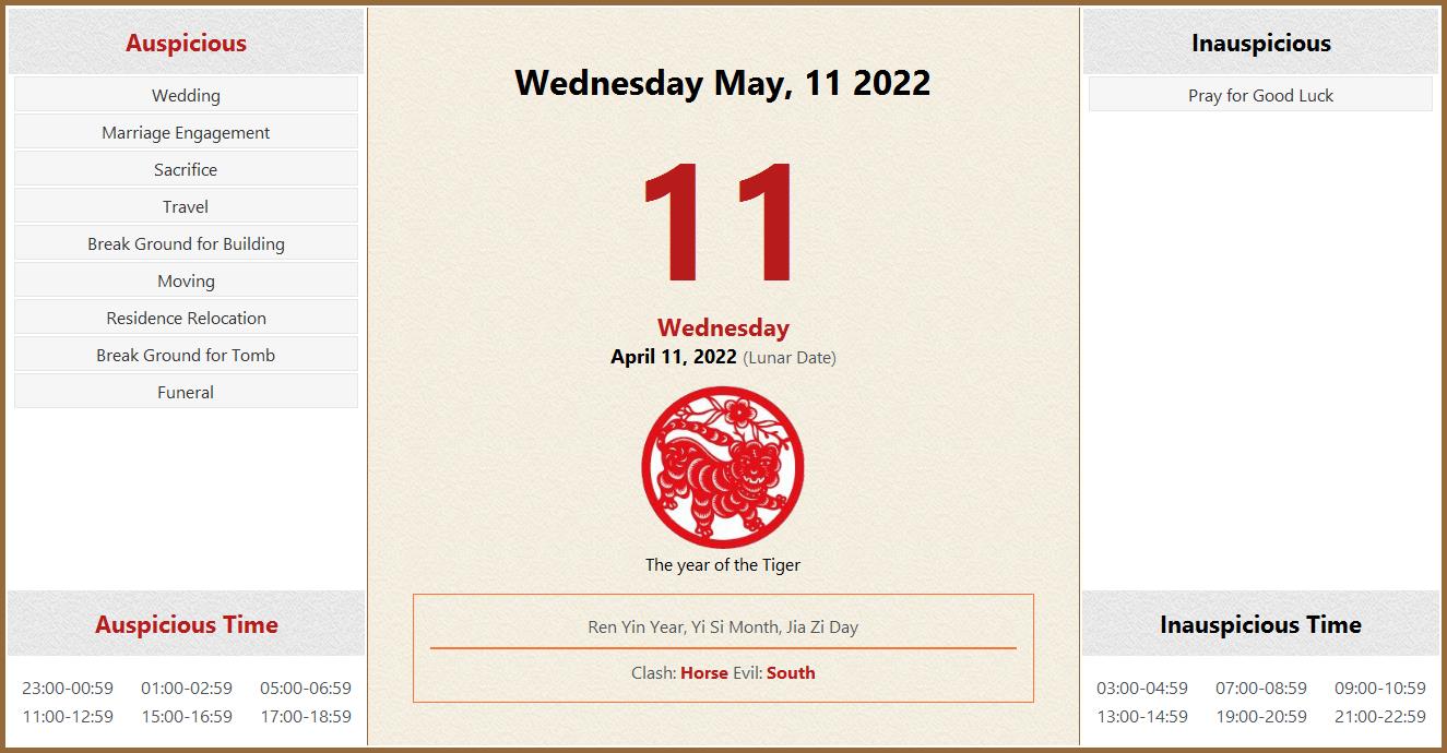 May 11, 2022 Almanac Calendar: Auspicious/Inauspicious Events and Time