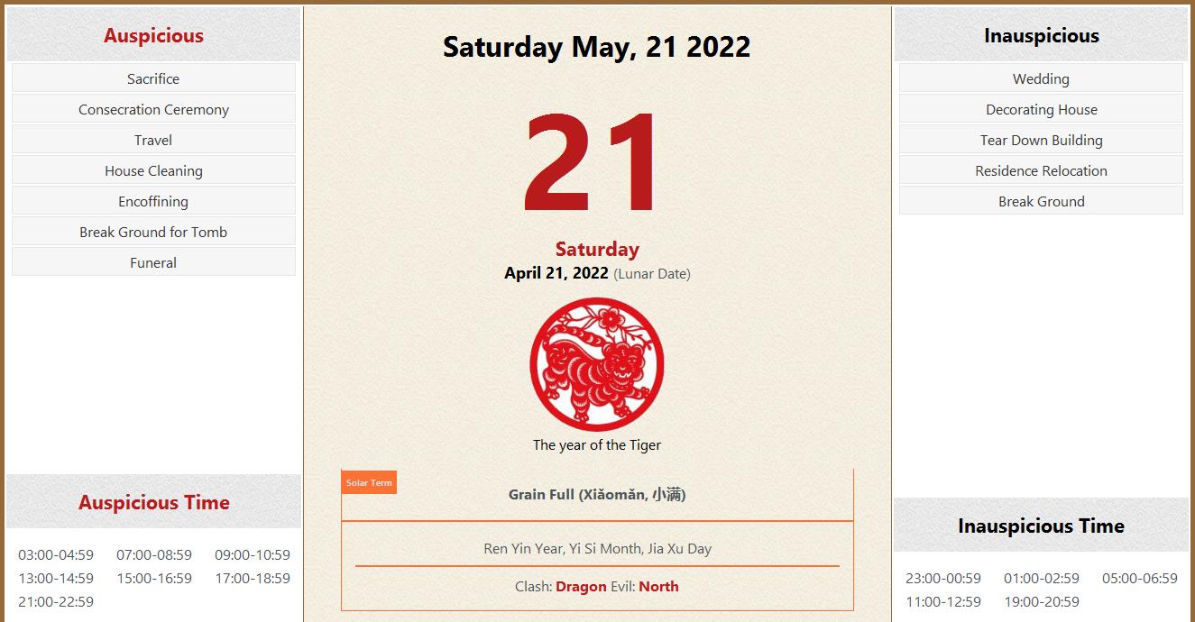 May 21, 2022 Almanac Calendar: Auspicious/Inauspicious Events and Time