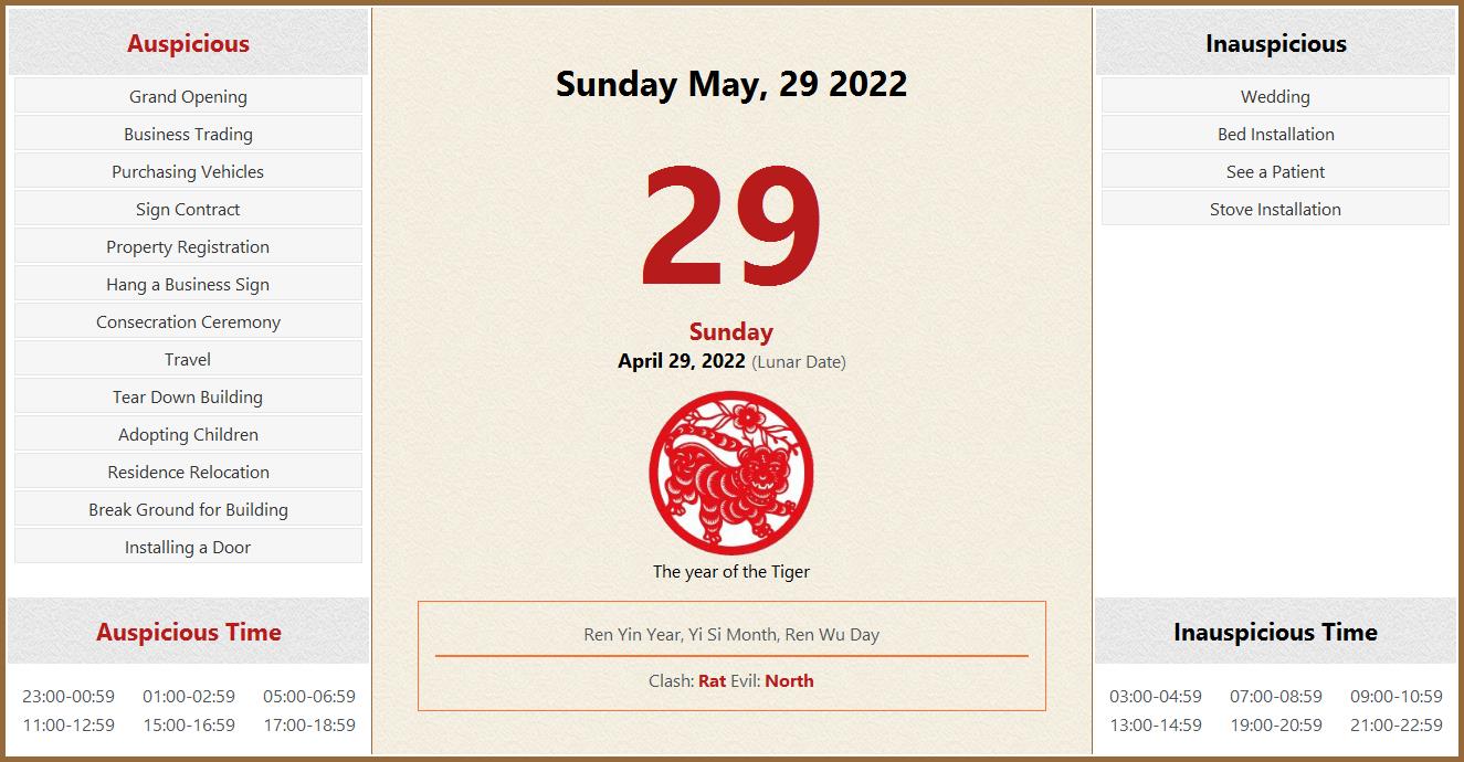 May 29, 2022 Almanac Calendar: Auspicious/Inauspicious Events and Time