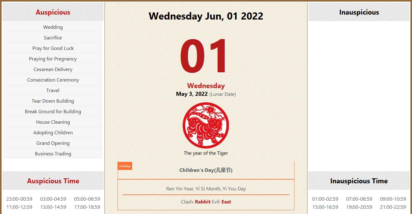 June 01, 2022 Almanac Calendar: Auspicious/Inauspicious Events and Time