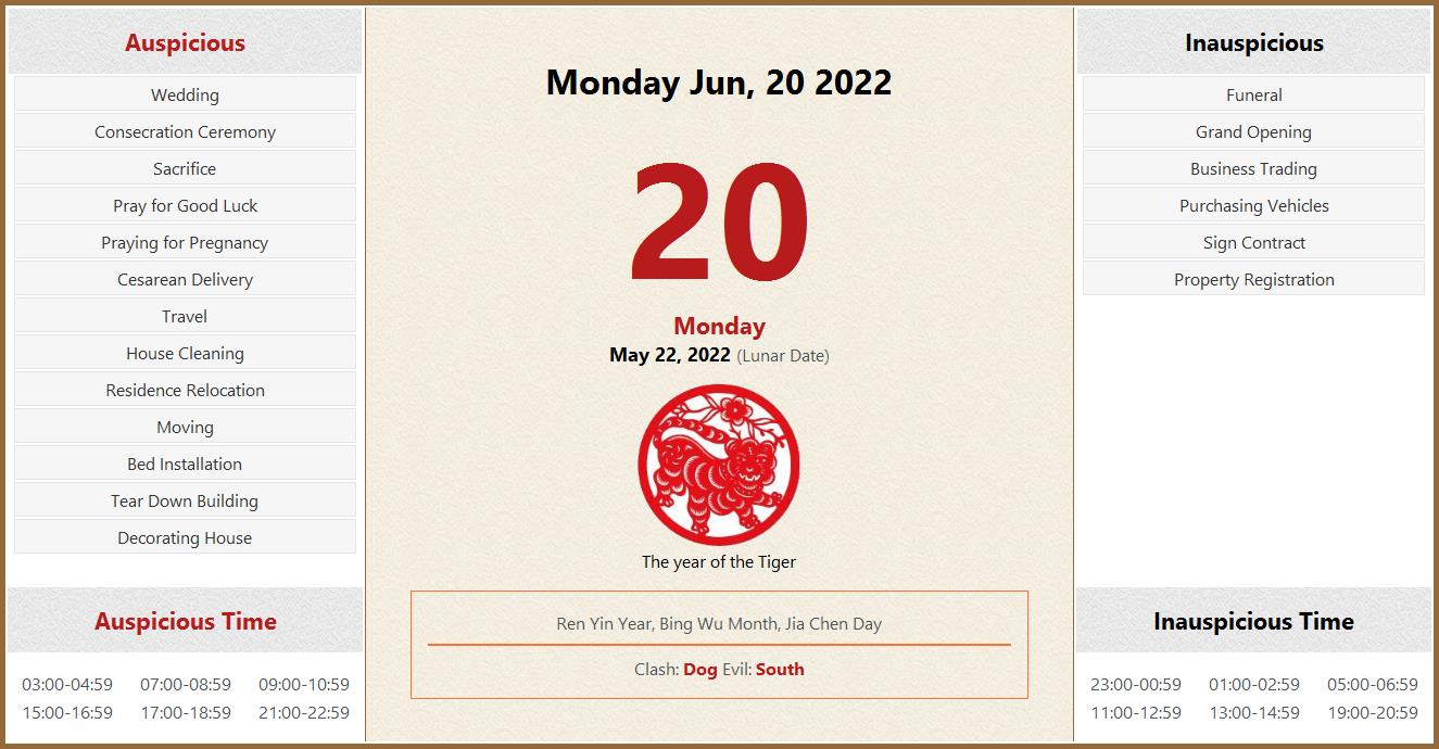 June 20, 2022 Almanac Calendar: Auspicious/Inauspicious Events and Time