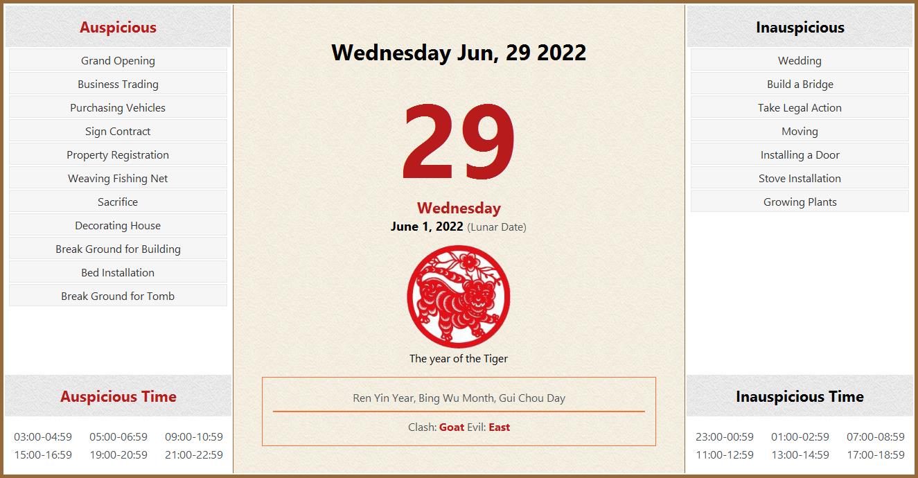 June 29, 2022 Almanac Calendar: Auspicious/Inauspicious Events and Time