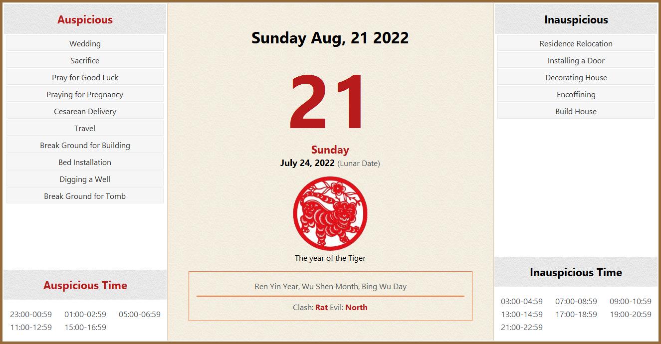 August 21 2022 Almanac Calendar Auspicious Inauspicious Events