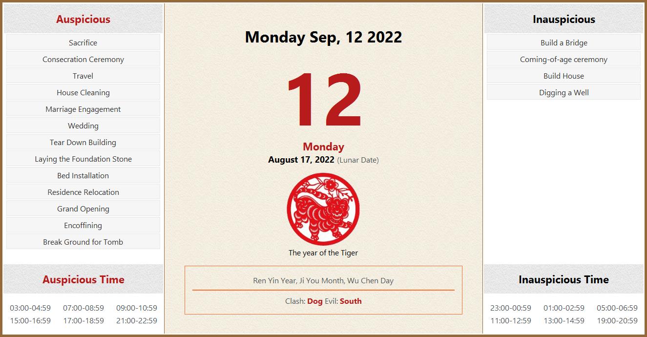 September 12, 2022 Almanac Calendar: Auspicious/Inauspicious Events and