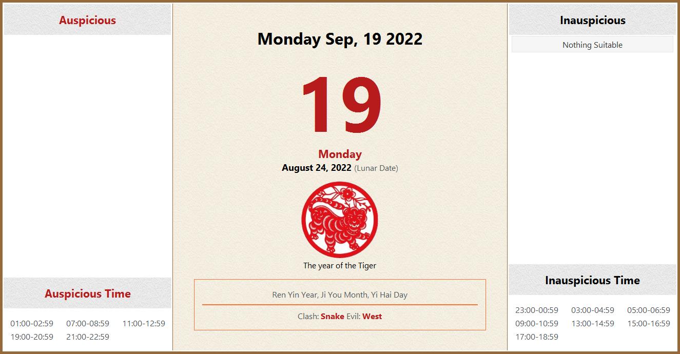 September 19 2022 Almanac Calendar Auspicious Inauspicious