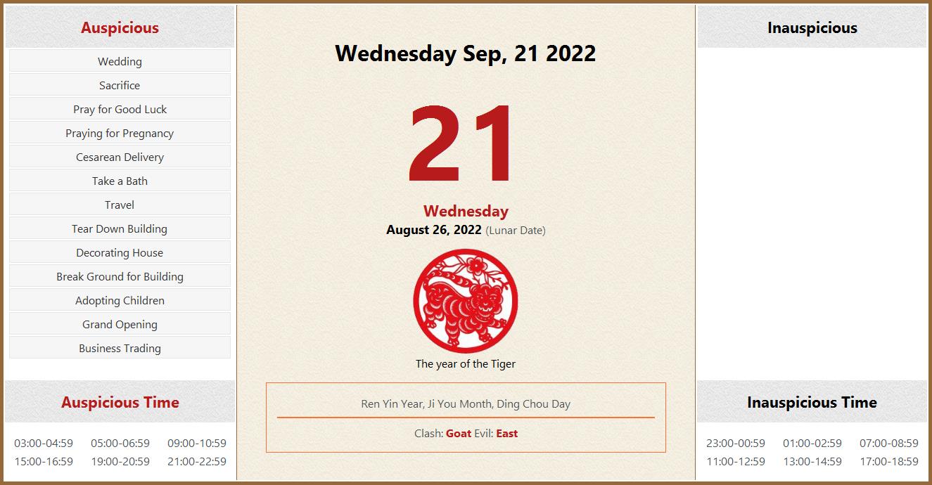 September 21, 2022 Almanac Calendar: Auspicious/Inauspicious Events and