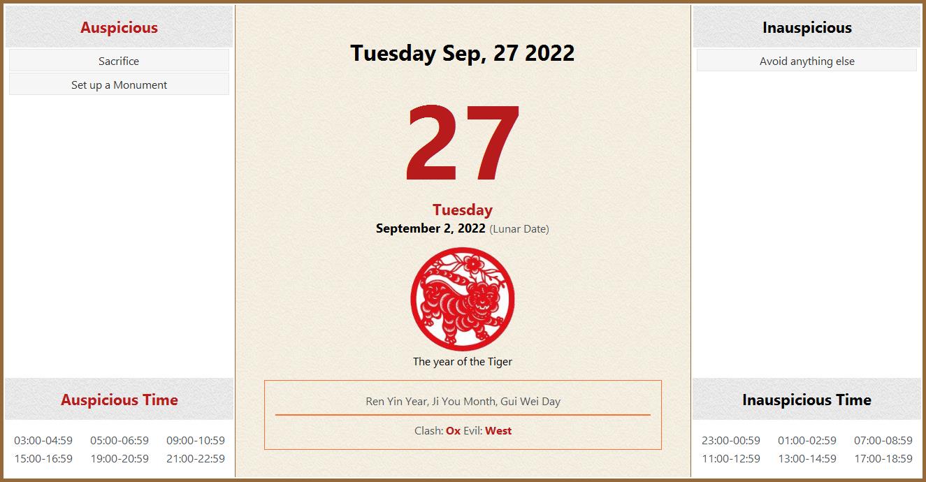 September 27, 2022 Almanac Calendar: Auspicious/Inauspicious Events and