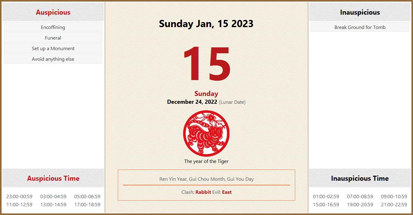 January 15, 2023 Almanac Calendar: Auspicious/Inauspicious Events and