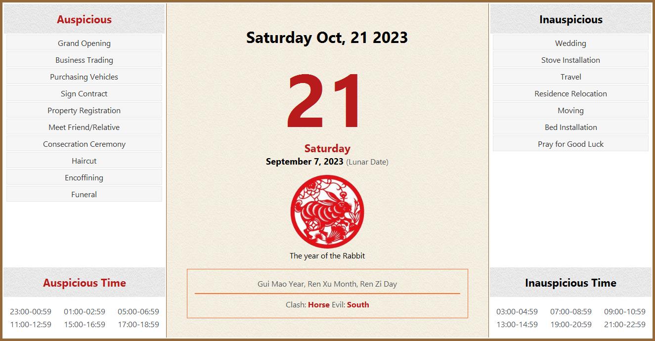 October 21, 2023 Almanac Calendar Auspicious/Inauspicious Events and