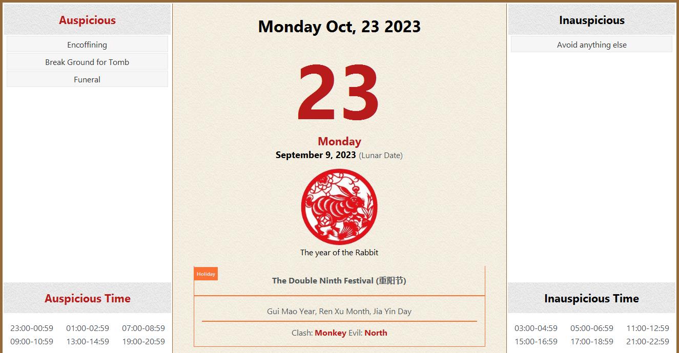 October 23 2023 Almanac Calendar Auspicious Inauspicious Events