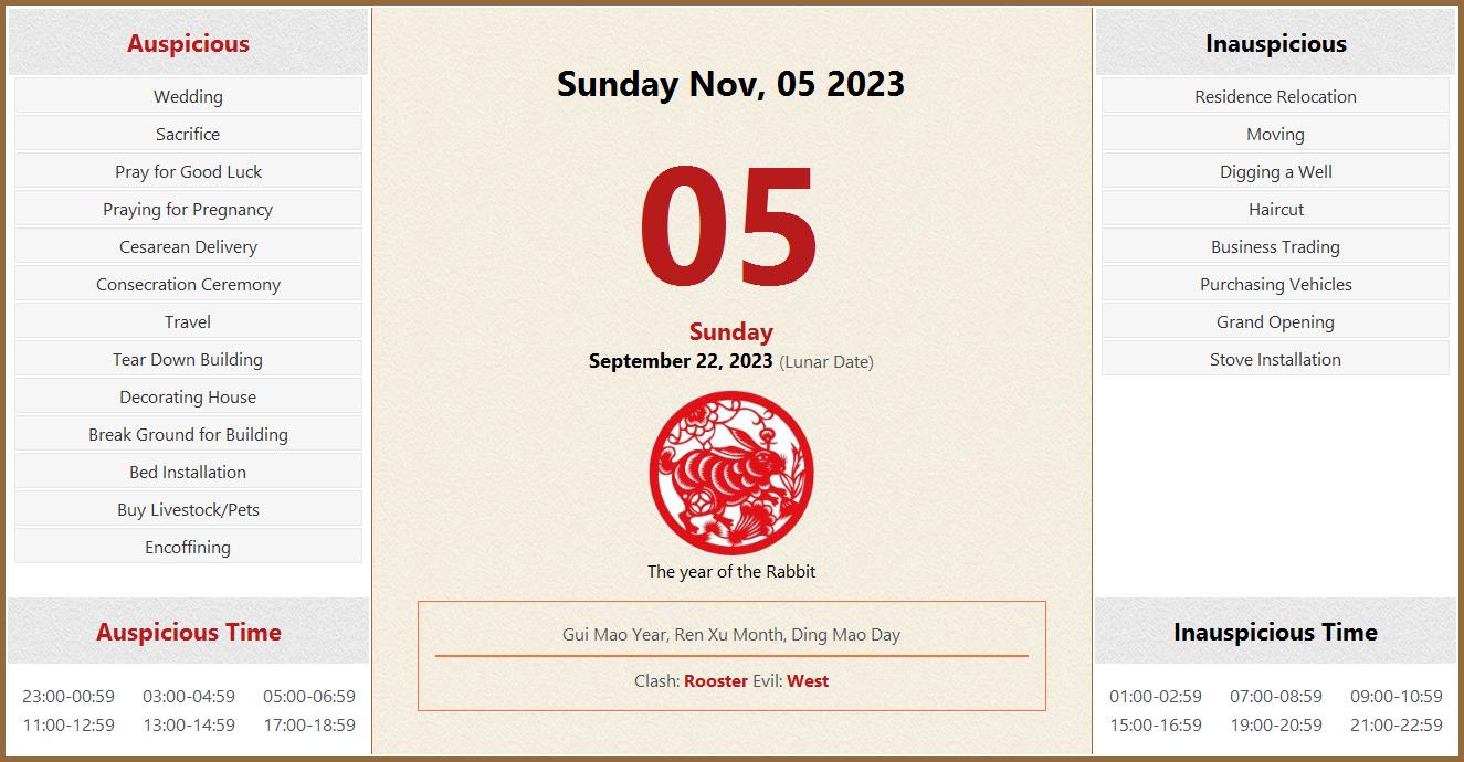 November 05, 2023 Almanac Calendar: Auspicious/Inauspicious Events and
