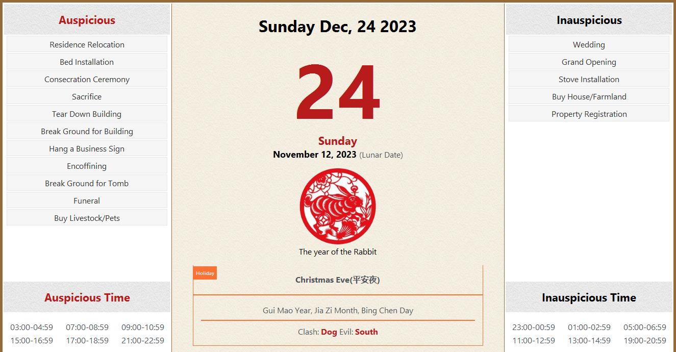 December 24, 2023 Almanac Calendar: Auspicious/Inauspicious Events and