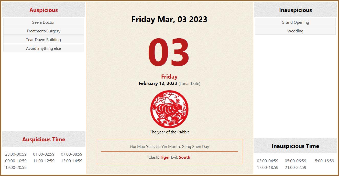 March 03, 2023 Almanac Calendar: Auspicious/Inauspicious Events and