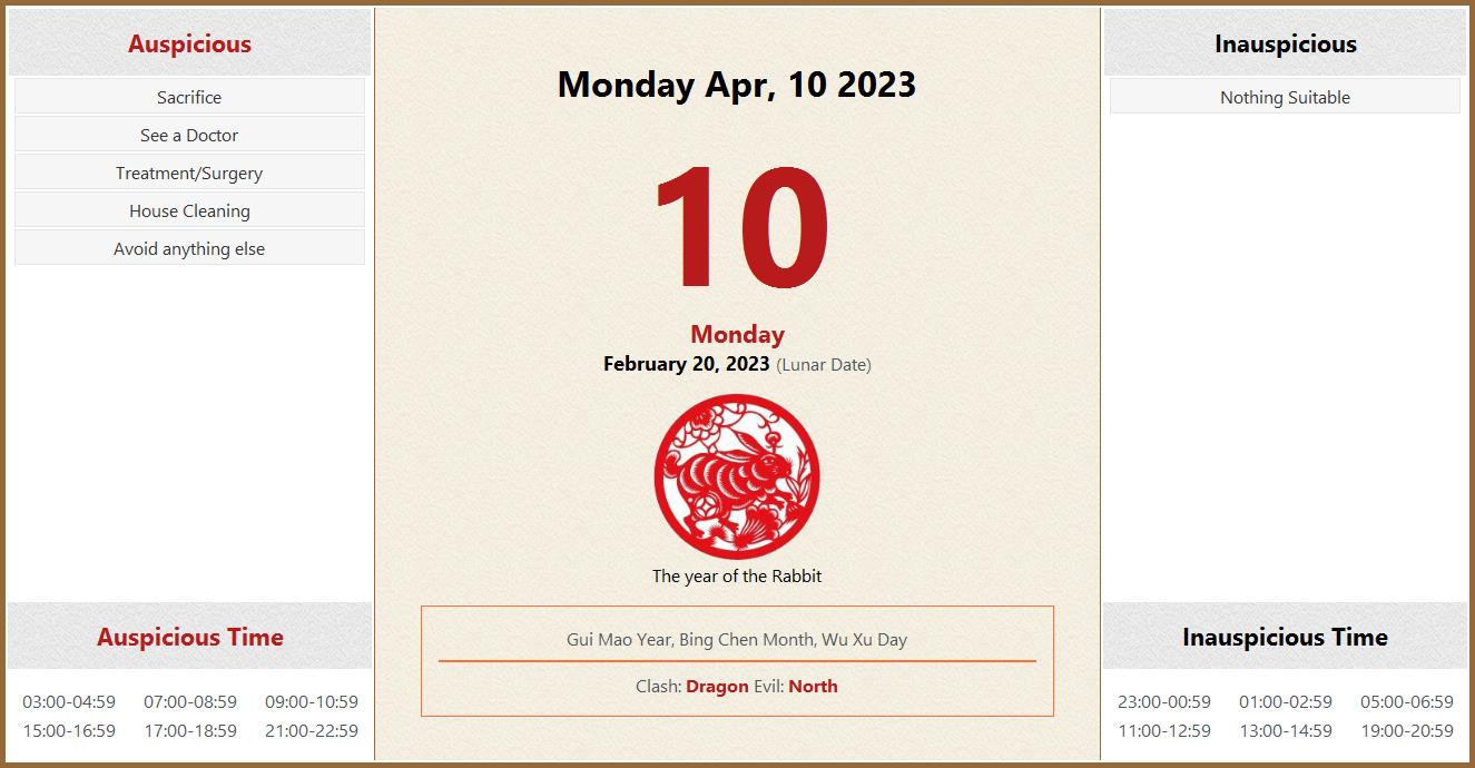 April 10, 2023 Almanac Calendar Auspicious/Inauspicious Events and