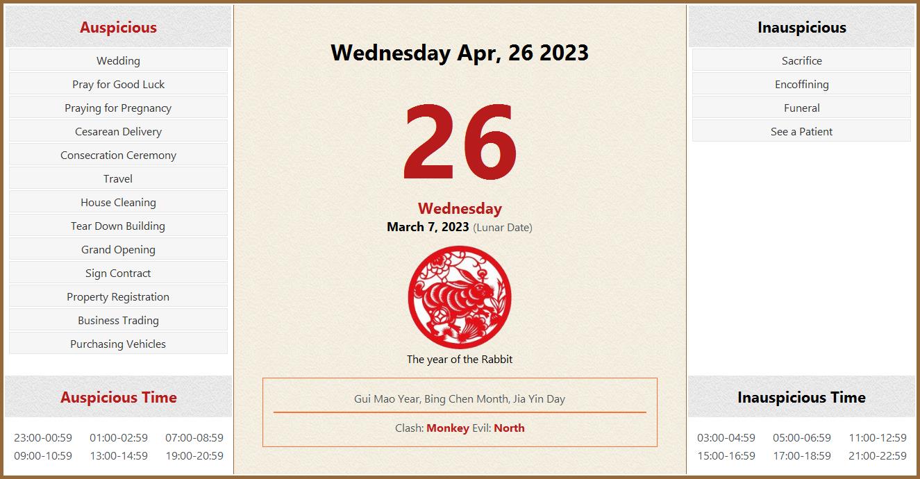 April 26, 2023 Almanac Calendar Auspicious/Inauspicious Events and