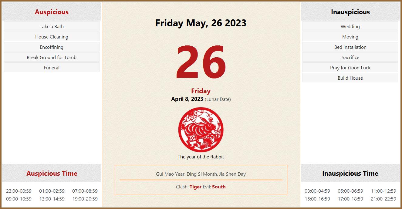 May 26, 2023 Almanac Calendar: Auspicious/Inauspicious Events and Time