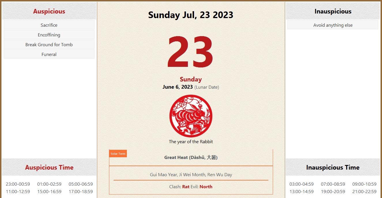 July 23, 2023 Almanac Calendar Auspicious/Inauspicious Events and Time