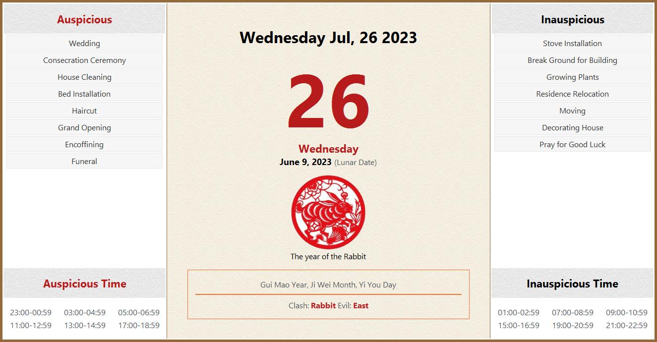 July 26, 2023 Almanac Calendar: Auspicious/Inauspicious Events and Time