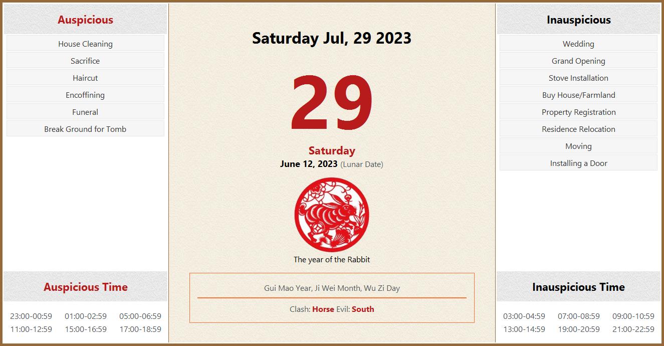 July 29 2023 Almanac Calendar Auspicious Inauspicious Events And Time 