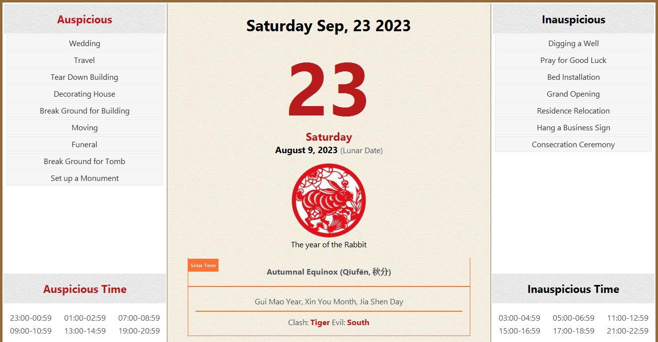 September 23, 2023 Almanac Calendar Auspicious/Inauspicious Events and
