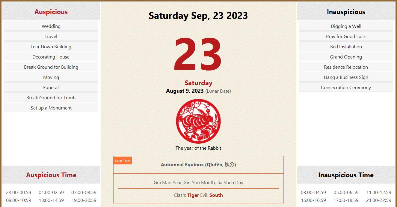 September 23 2023 Almanac Calendar Auspicious Inauspicious Events And 