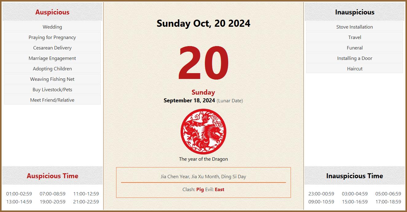 October 20, 2024 Almanac Calendar Auspicious/Inauspicious Events and