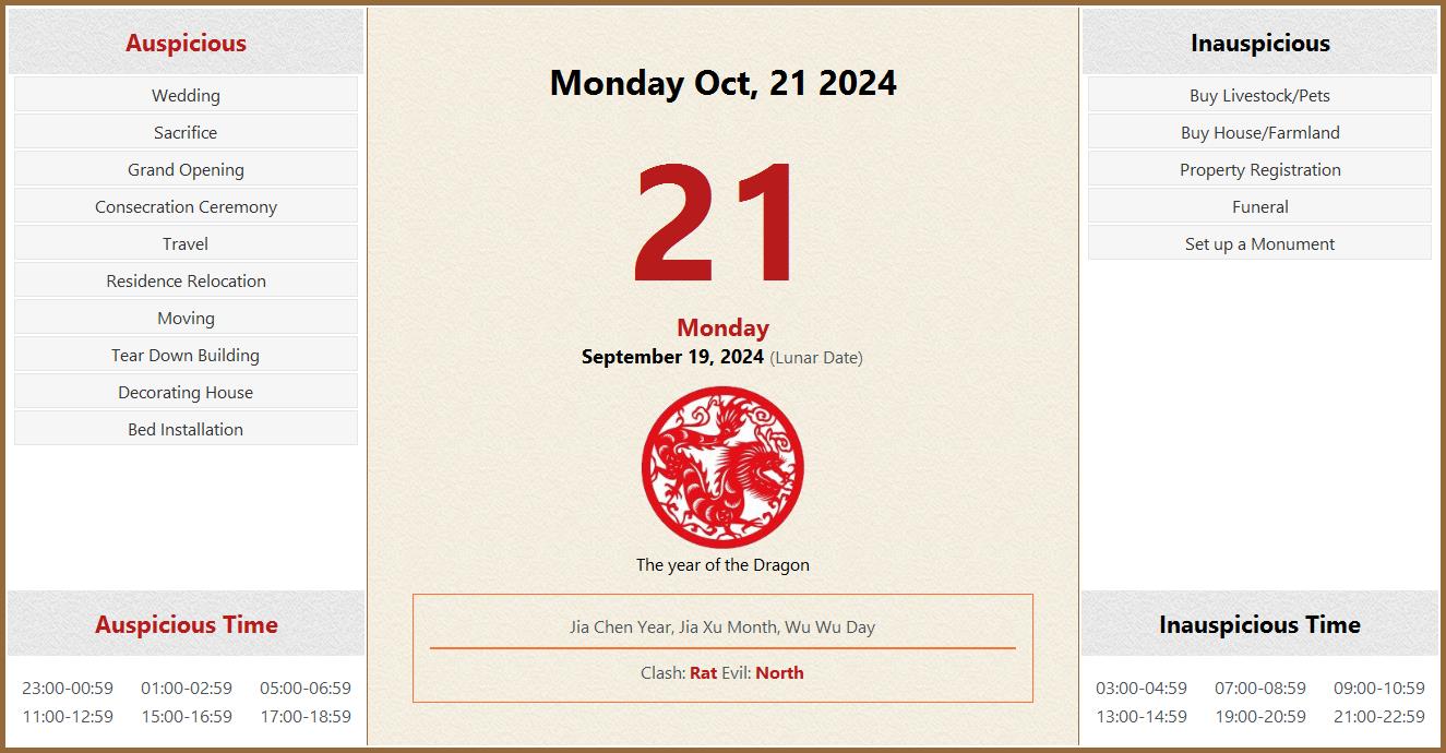 October 21, 2024 Almanac Calendar Auspicious/Inauspicious Events and