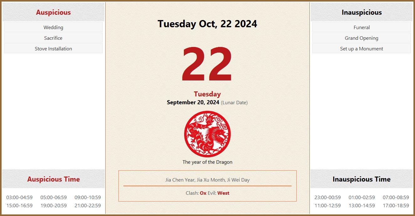 October 22, 2024 Almanac Calendar: Auspicious/Inauspicious Events and