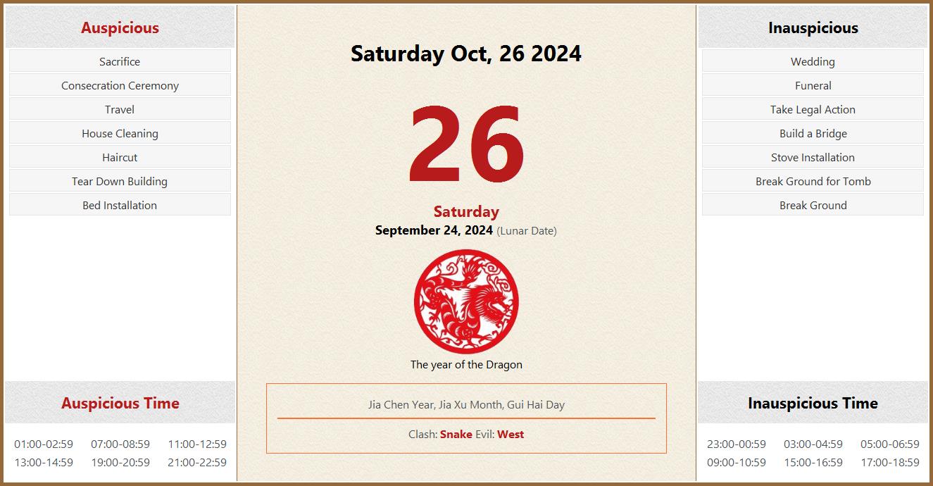 October 26, 2024 Almanac Calendar Auspicious/Inauspicious Events and