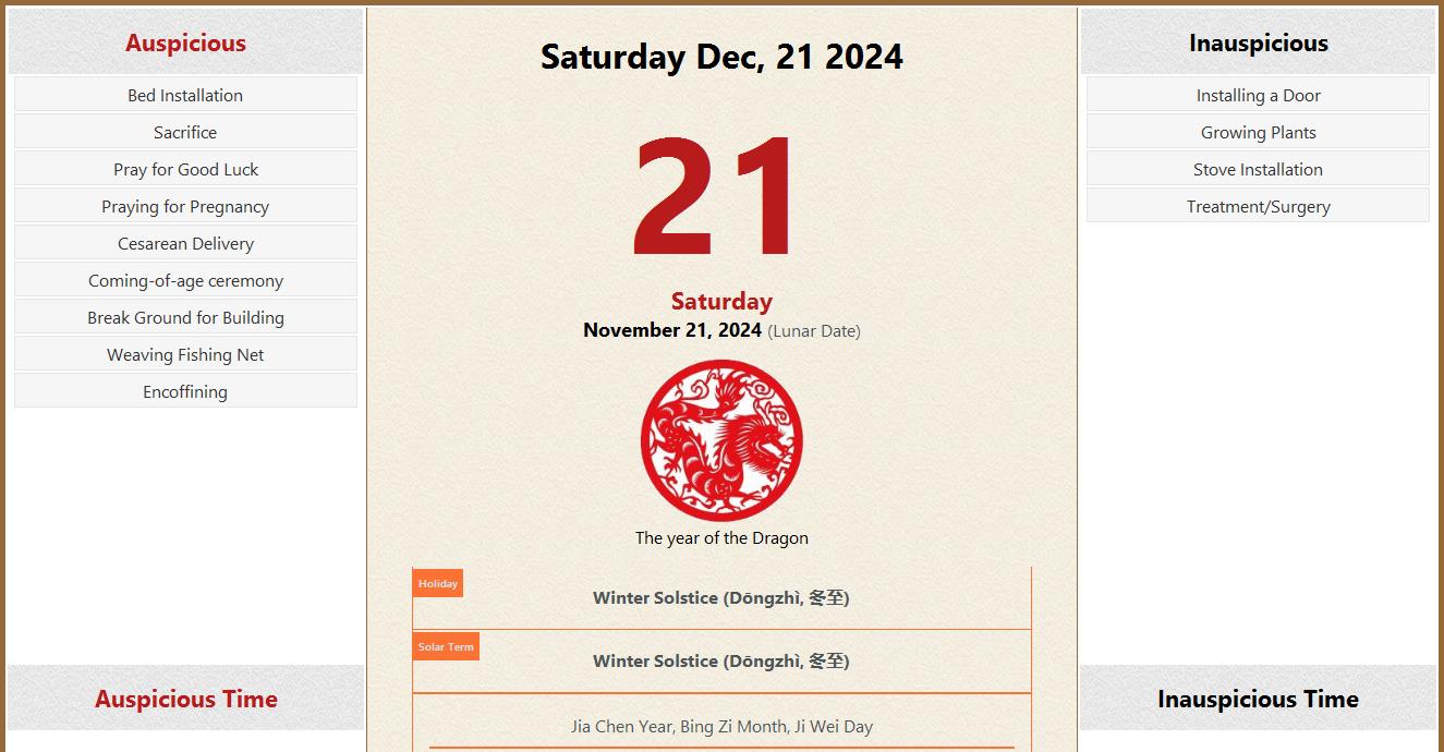 December 21, 2024 Almanac Calendar Auspicious/Inauspicious Events and