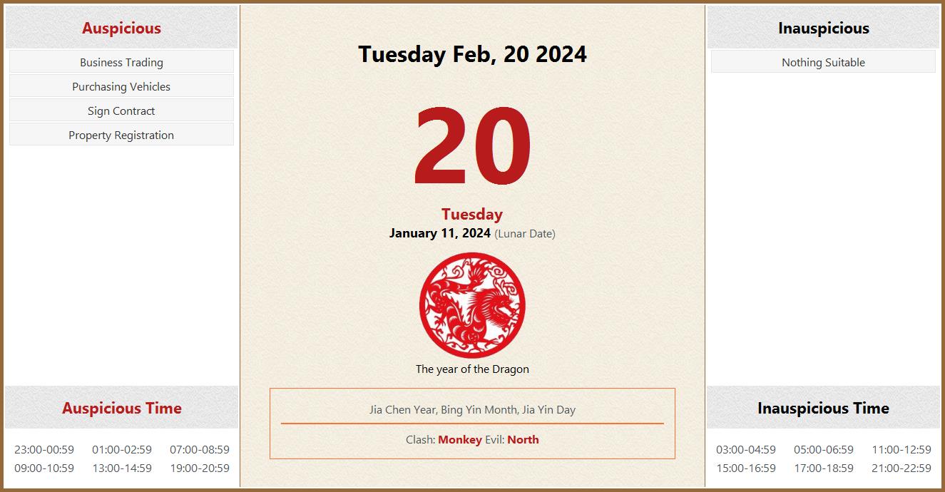February 20, 2024 Almanac Calendar Auspicious/Inauspicious Events and