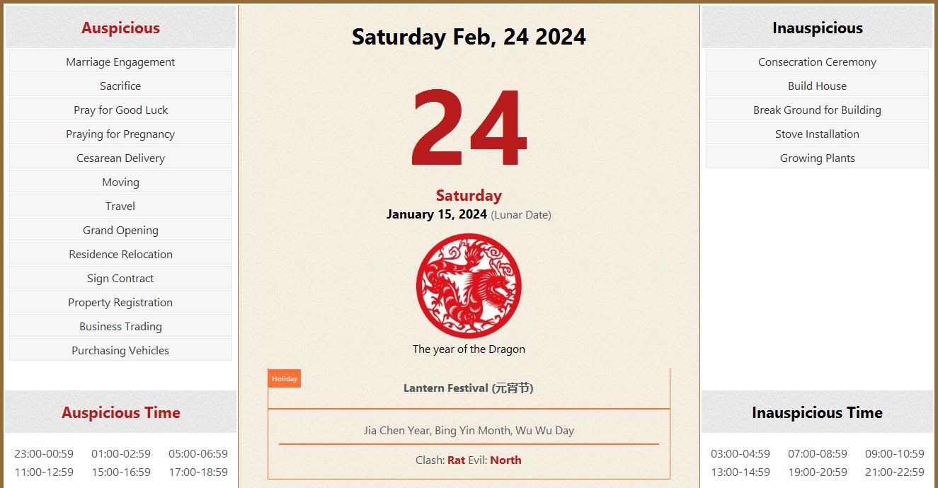 February 24, 2024 Almanac Calendar Auspicious/Inauspicious Events and