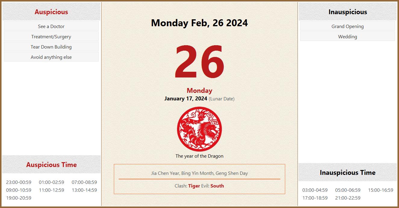 February 26, 2024 Almanac Calendar Auspicious/Inauspicious Events and