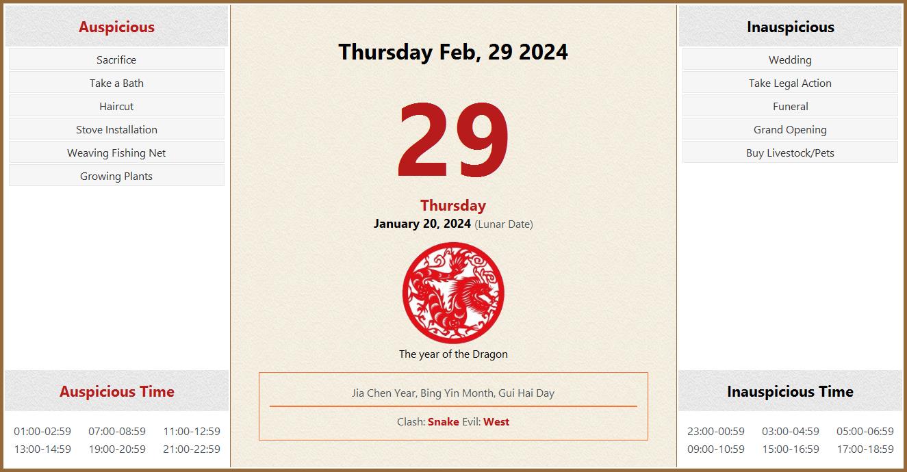 February 29, 2024 Almanac Calendar Auspicious/Inauspicious Events and