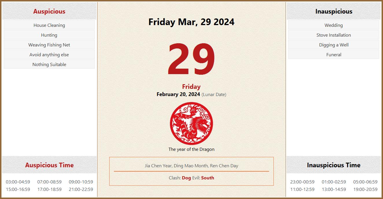 March 29, 2024 Almanac Calendar Auspicious/Inauspicious Events and